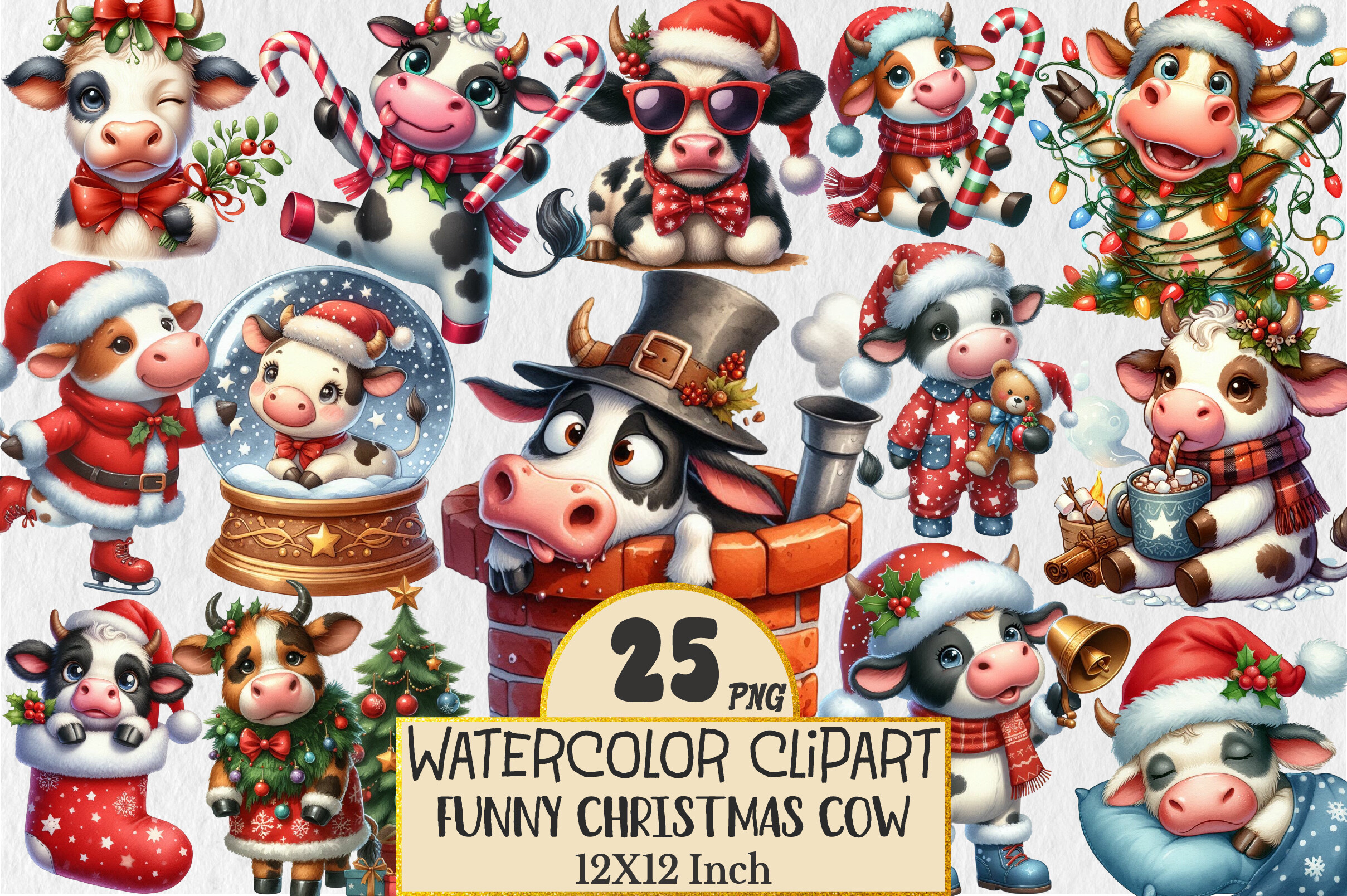 Funny Christmas Cow Clipart Graphic by Rose Art · Creative Fabrica