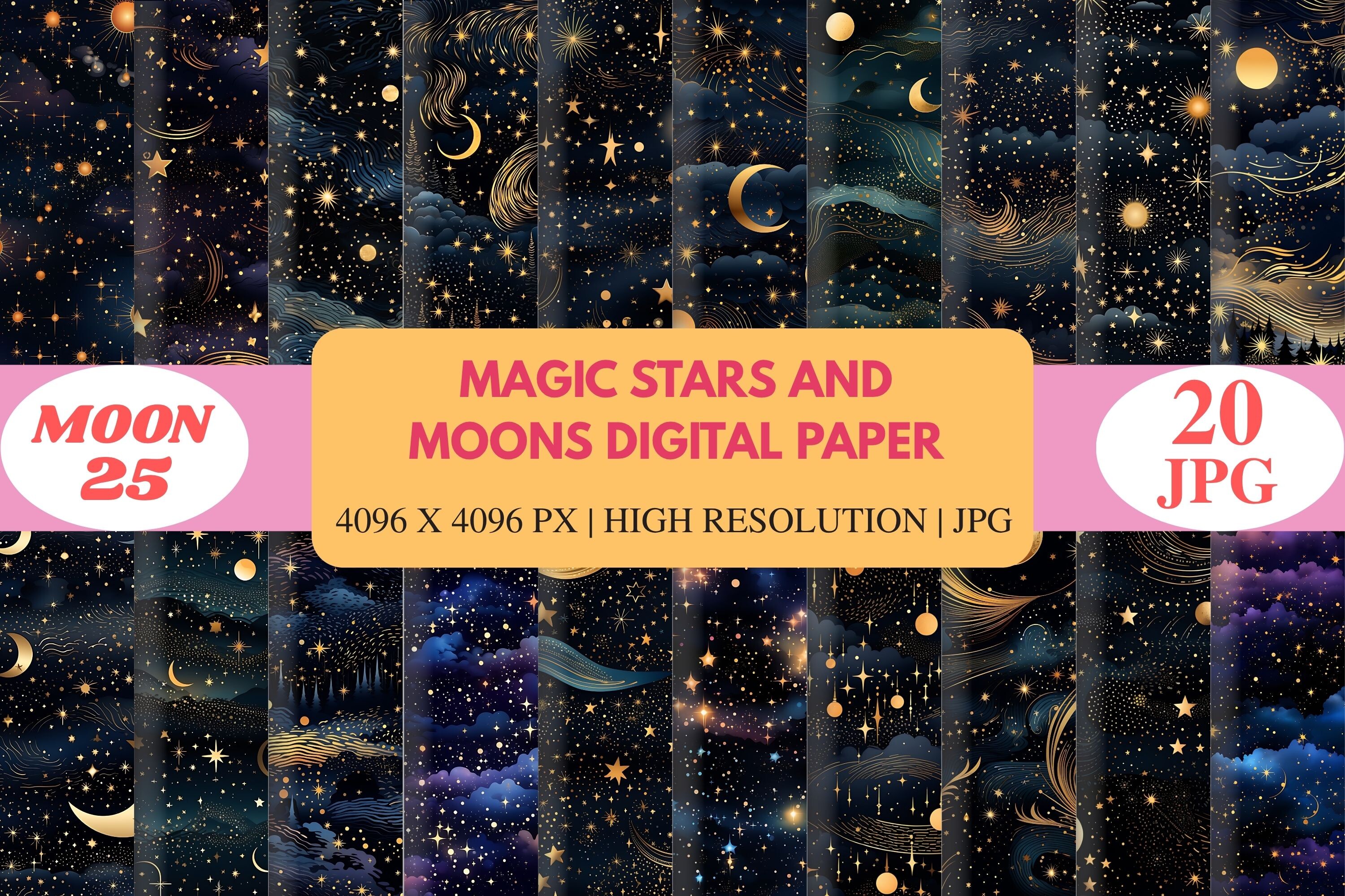 Magic Stars and Moons Digital Paper Graphic by Moon25 · Creative Fabrica