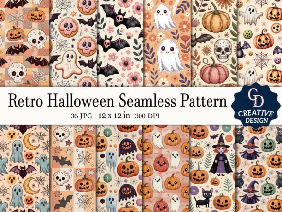 4 Retro Halloween Seamless Pattern Designs & Graphics