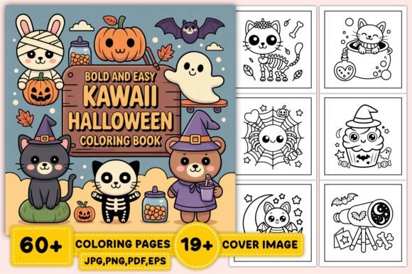 Bold Kawaii Halloween Coloring Pages with Easy Outlines