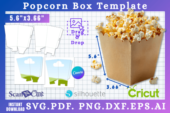 Popcorn Box 5.6x3.6 SVG Canva & Template