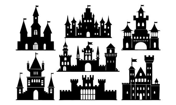 Silhouettes of Fantasy Castles on White Grafika Rękodzieła Przez rabiulalam97677
