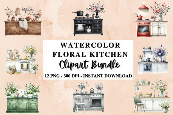 Watercolor Floral Kitchen Clipart Bundle