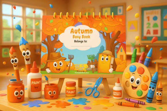 Autumn busy book for preschool with fall themed activity pages for children