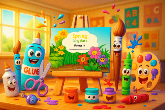 Spring busy book for preschool with printable activity pages about the season