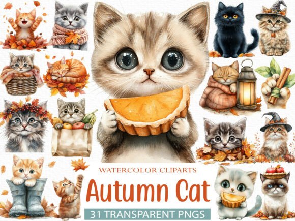 Watercolor Autumn Cat Clipart Bundle