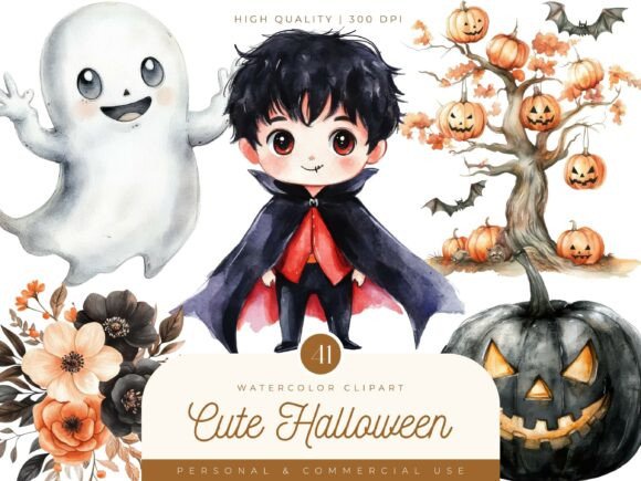 Watercolor Cute Halloween Clipart
