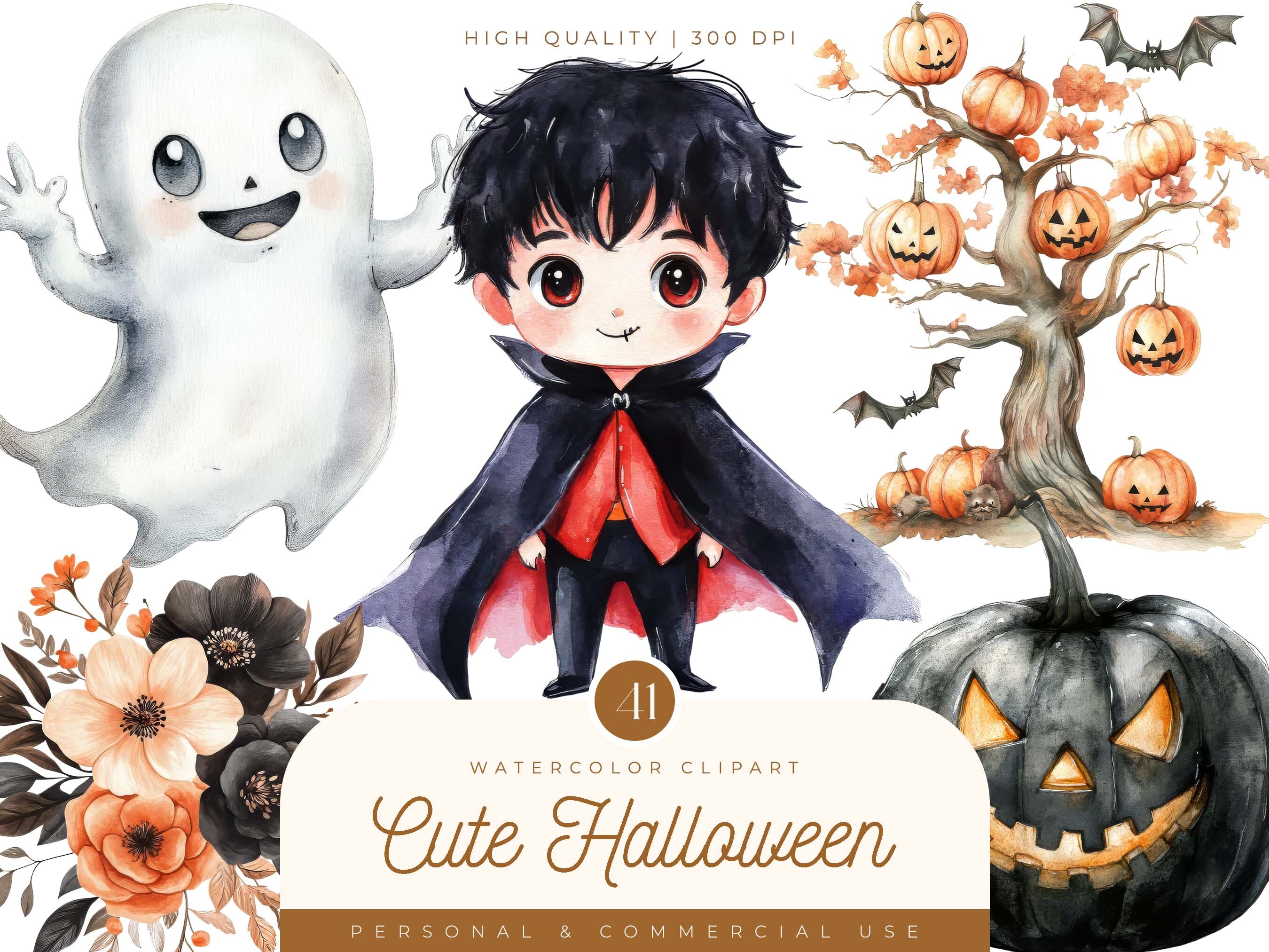 Watercolor Cute Halloween Clipart