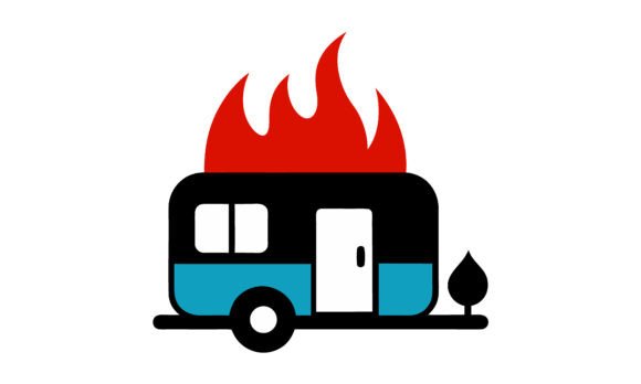 Burning camper trailer flat design conce