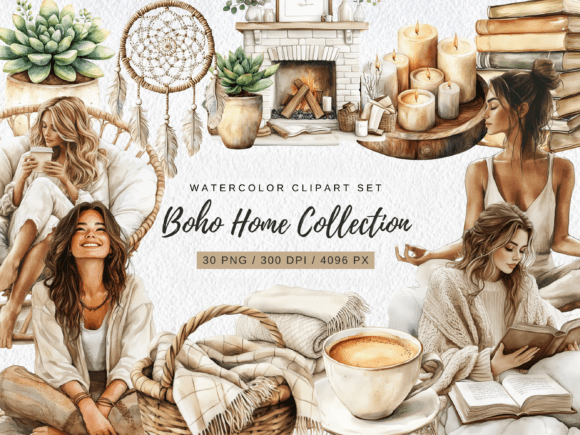 Watercolor Boho Home Stuff Clipart Gráfico Gráficos IA Por Movens Design