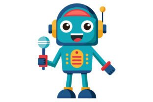 Cute cartoon robot holding a microphone