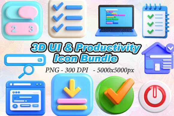 3D UI & Productivity Icons PNG