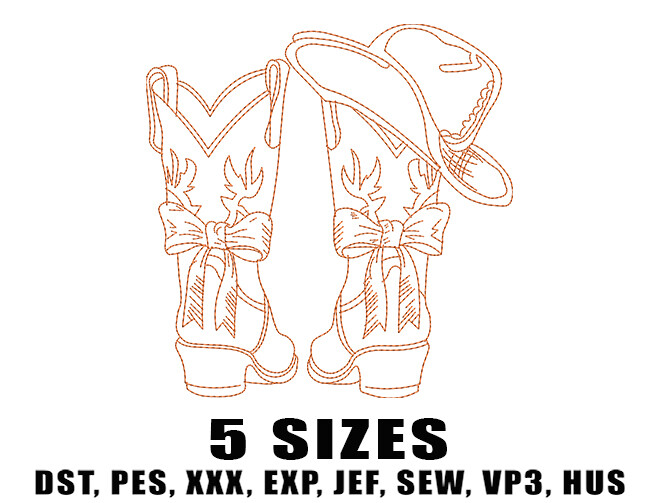 Cowboy Boots and Hat Line Art Embroidery Design
