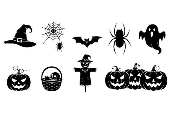 Halloween Icons Witch Hat Spider Web Bat