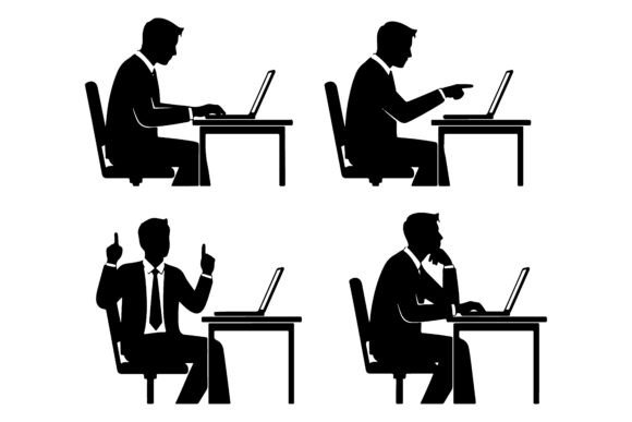 Businessman Silhouettes Working on Lapto