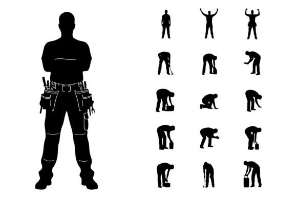Black Silhouettes of Men with Tools and