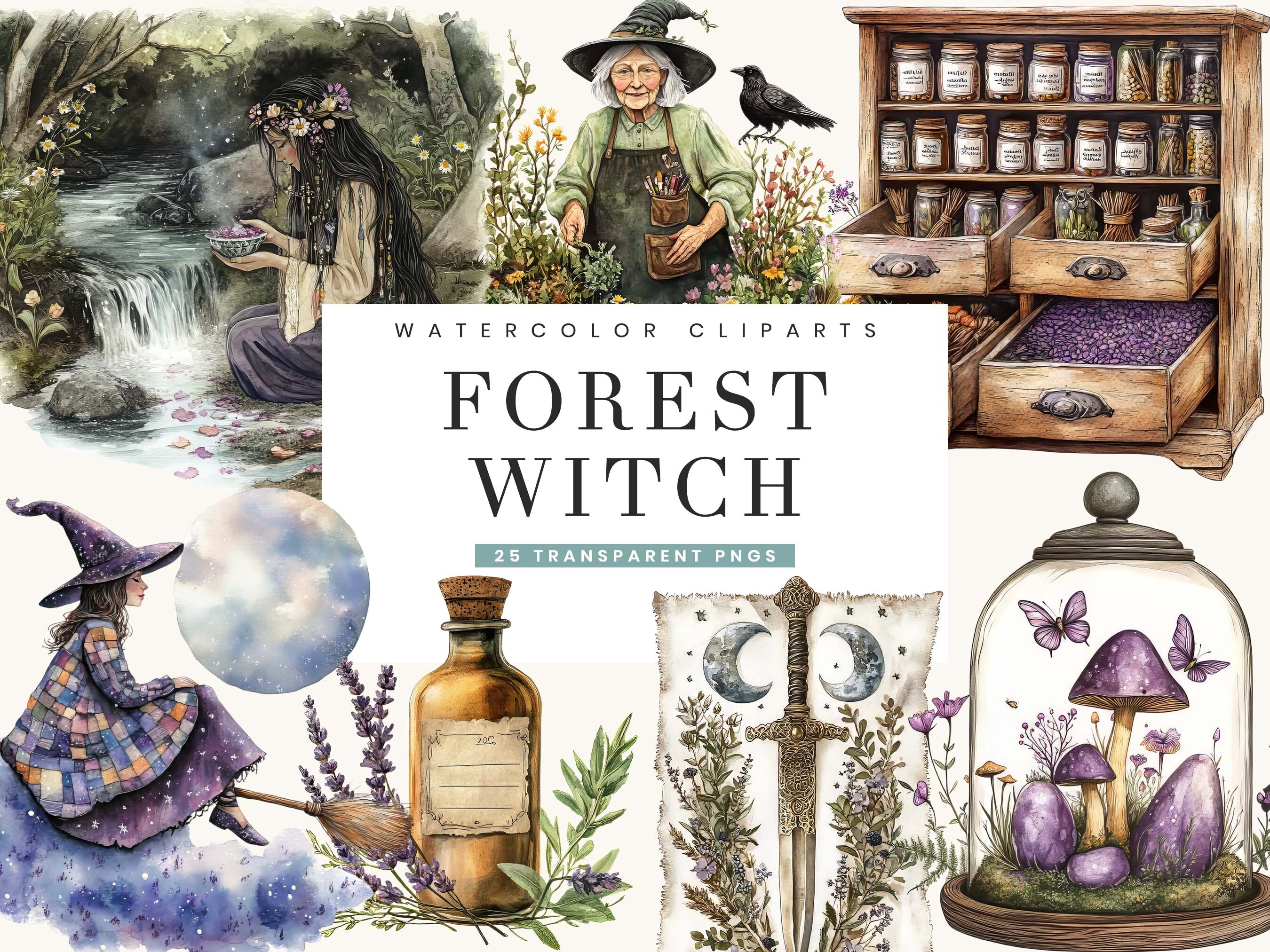 Watercolor Forest Witch Clipart