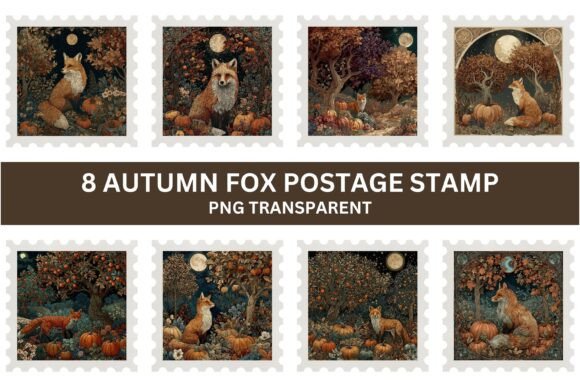8 Autumn Fox Postage Stamp Clipart