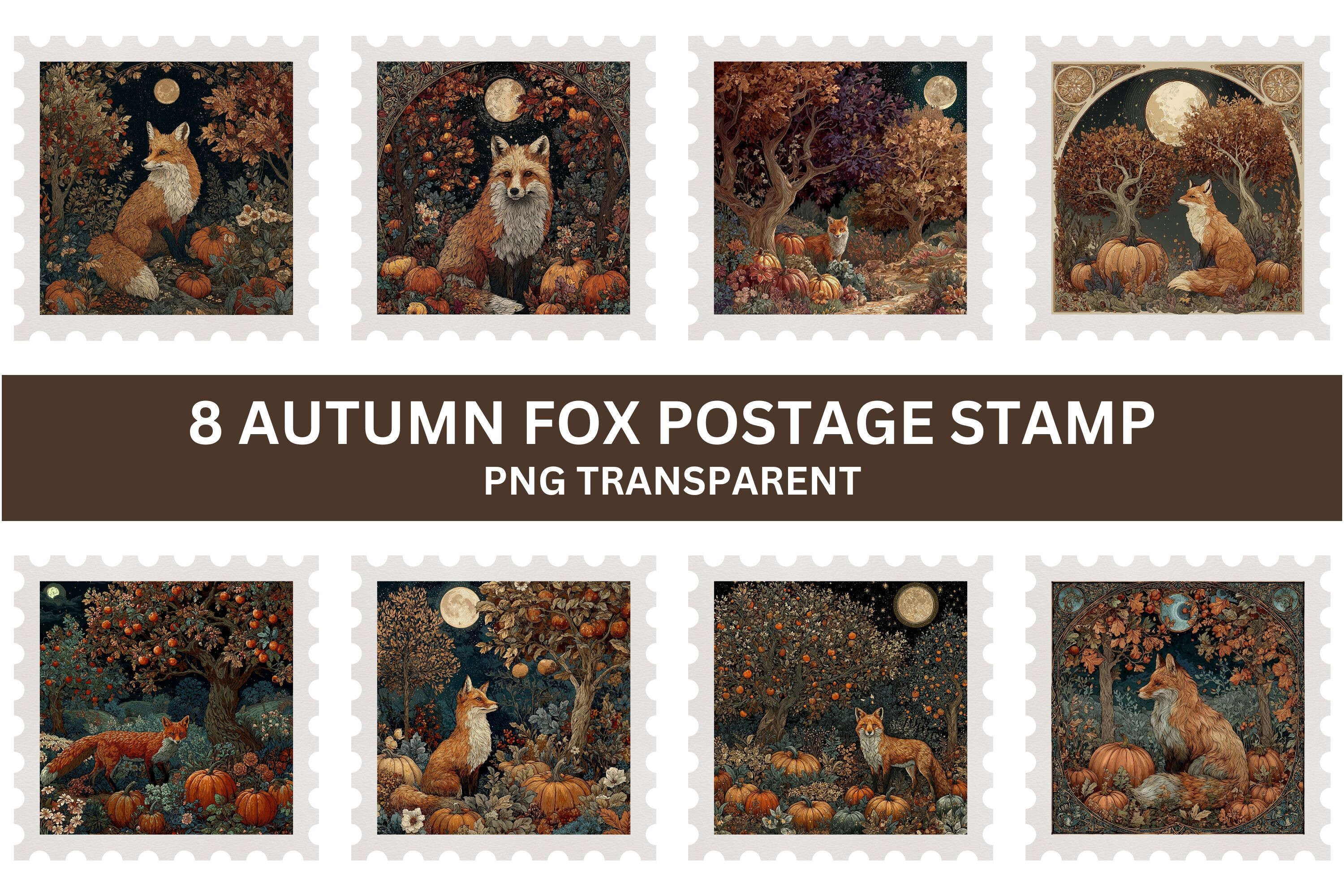 8 Autumn Fox Postage Stamp Clipart