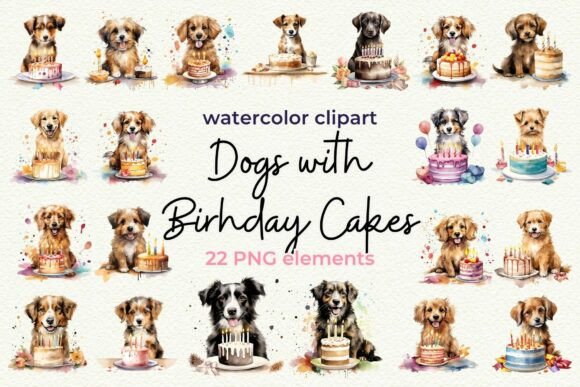 22 dog breeds with birthday cakes watercolor bundle PNG
