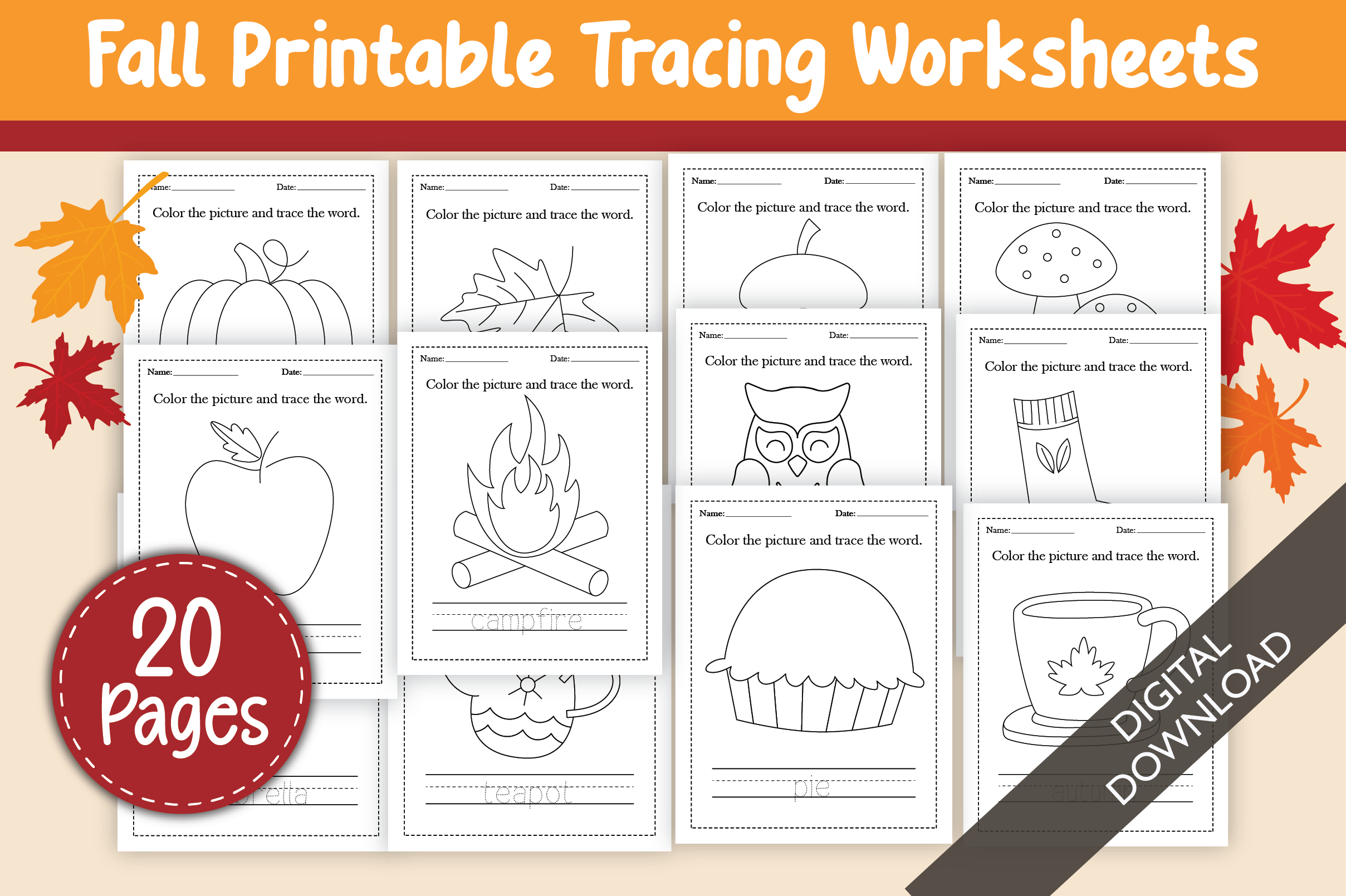 Fall Printable Tracing Worksheets Pack