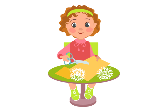 Girl Sit at Table and Cuts out Snowflake