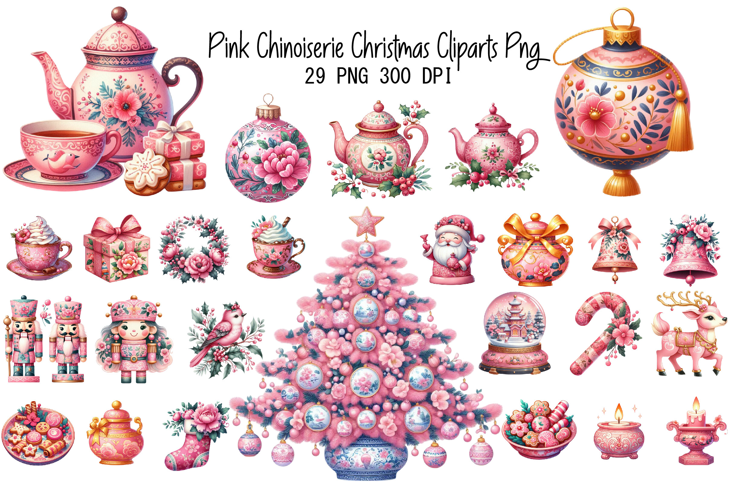 Pink Chinoiserie Christmas Cliparts Png - photo 1