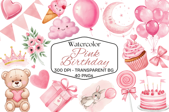 Watercolor Pink Birthday Graphics Kit