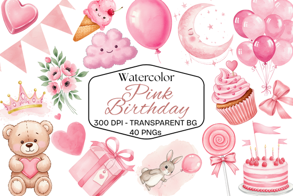 Watercolor Pink Birthday Graphics Kit
