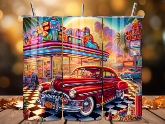 Retro Diner Scene Classic Cars Tumbler