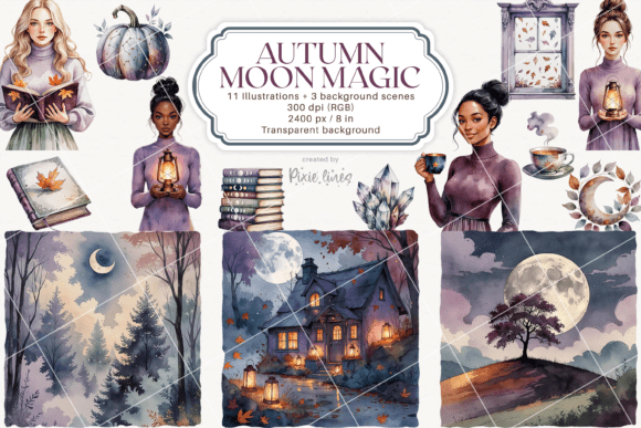 Autumn Moon Magic, Mystical Fall Element Graphic Illustrations By Pixie Lines