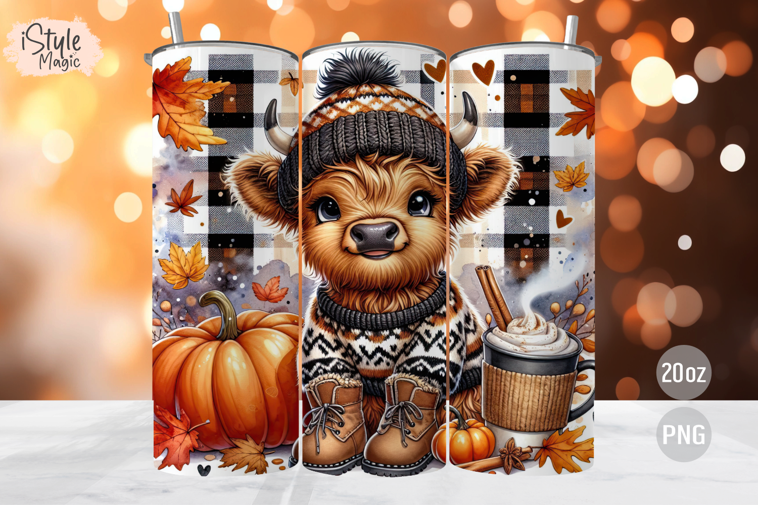 Fall Highland Cow 20oz Tumbler Wrap PNG