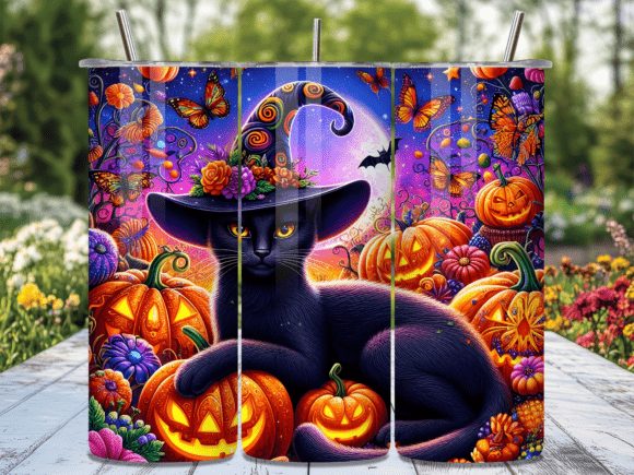 Whimsical Witch Cat and Pumpkins Tumbler