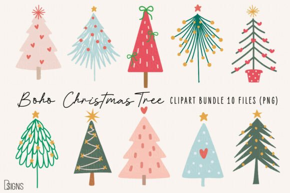 Boho Christmas Tree Hand-Drawn Bundle