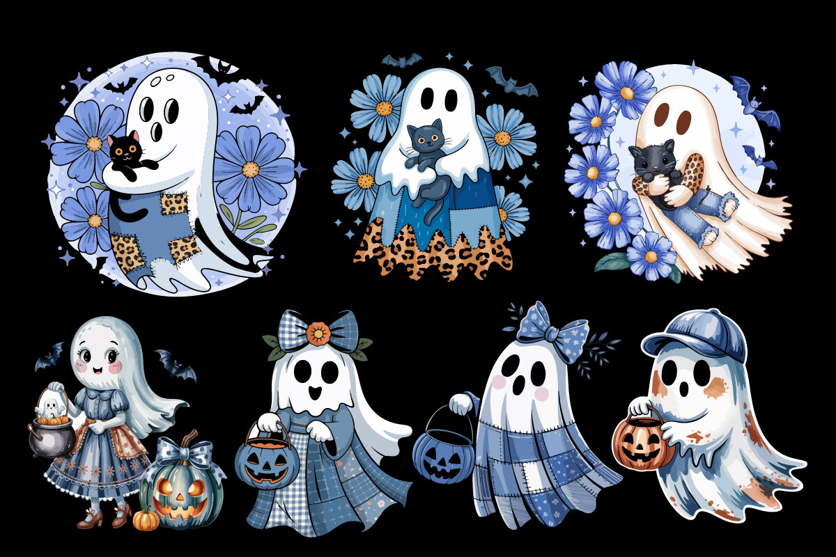 Halloween Blue Denim Ghost Png Bundle