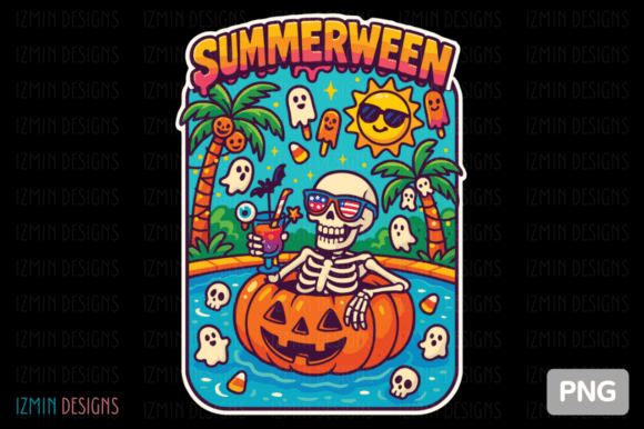 Summerween Skeleton Pool Party PNG