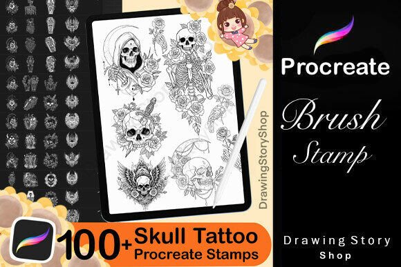 100+Spook Skulls Tattoo Procreate Stamps Graphic Brushes By DrawingStoryShop