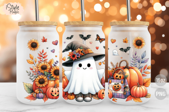 Halloween Ghost 16 Oz Glass Can Wrap PNG
