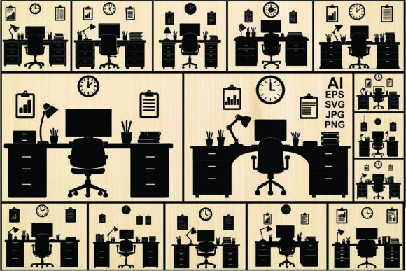 Office Desk Silhouette Vector Bundle