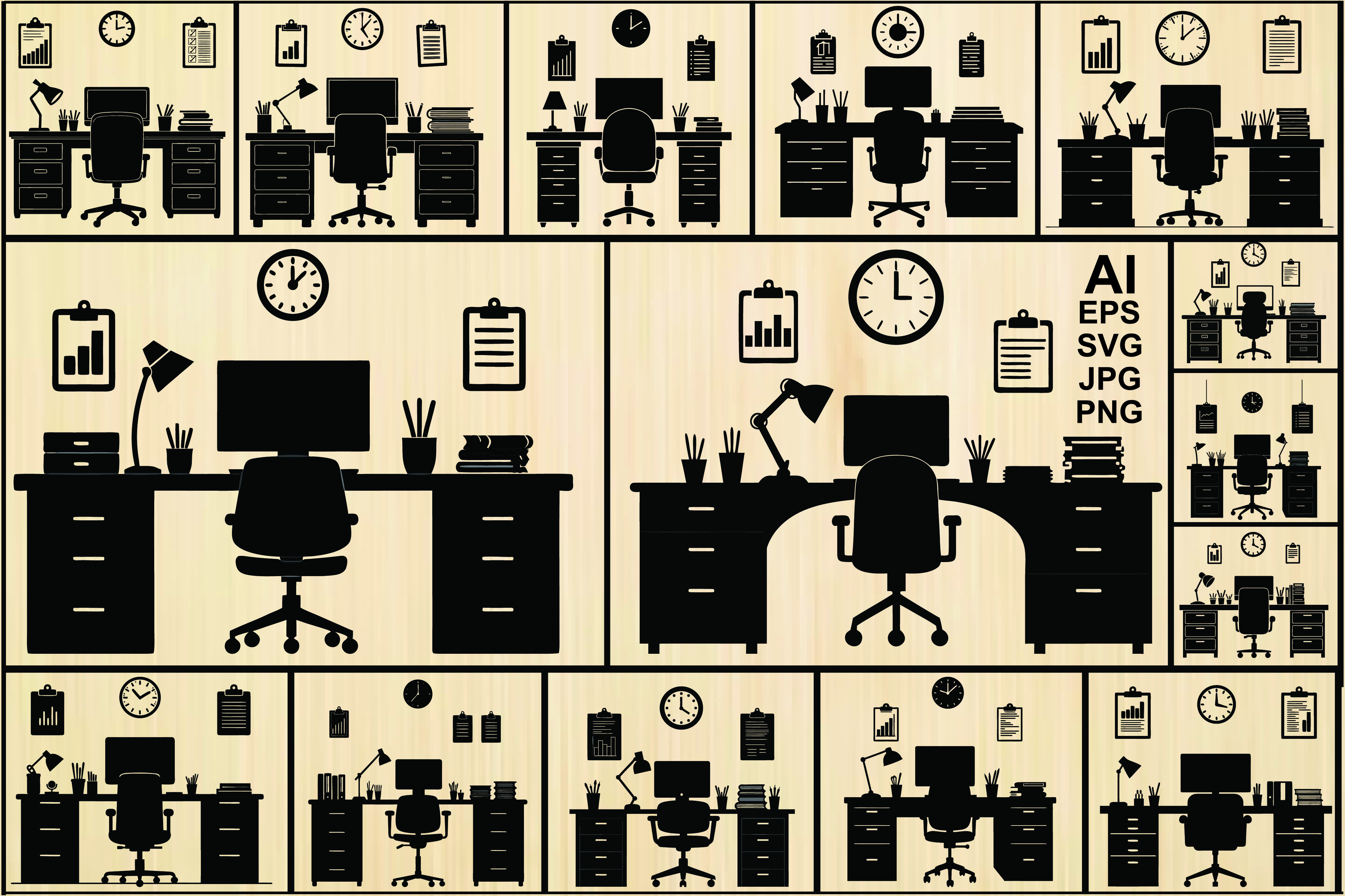 Office Desk Silhouette Vector Bundle