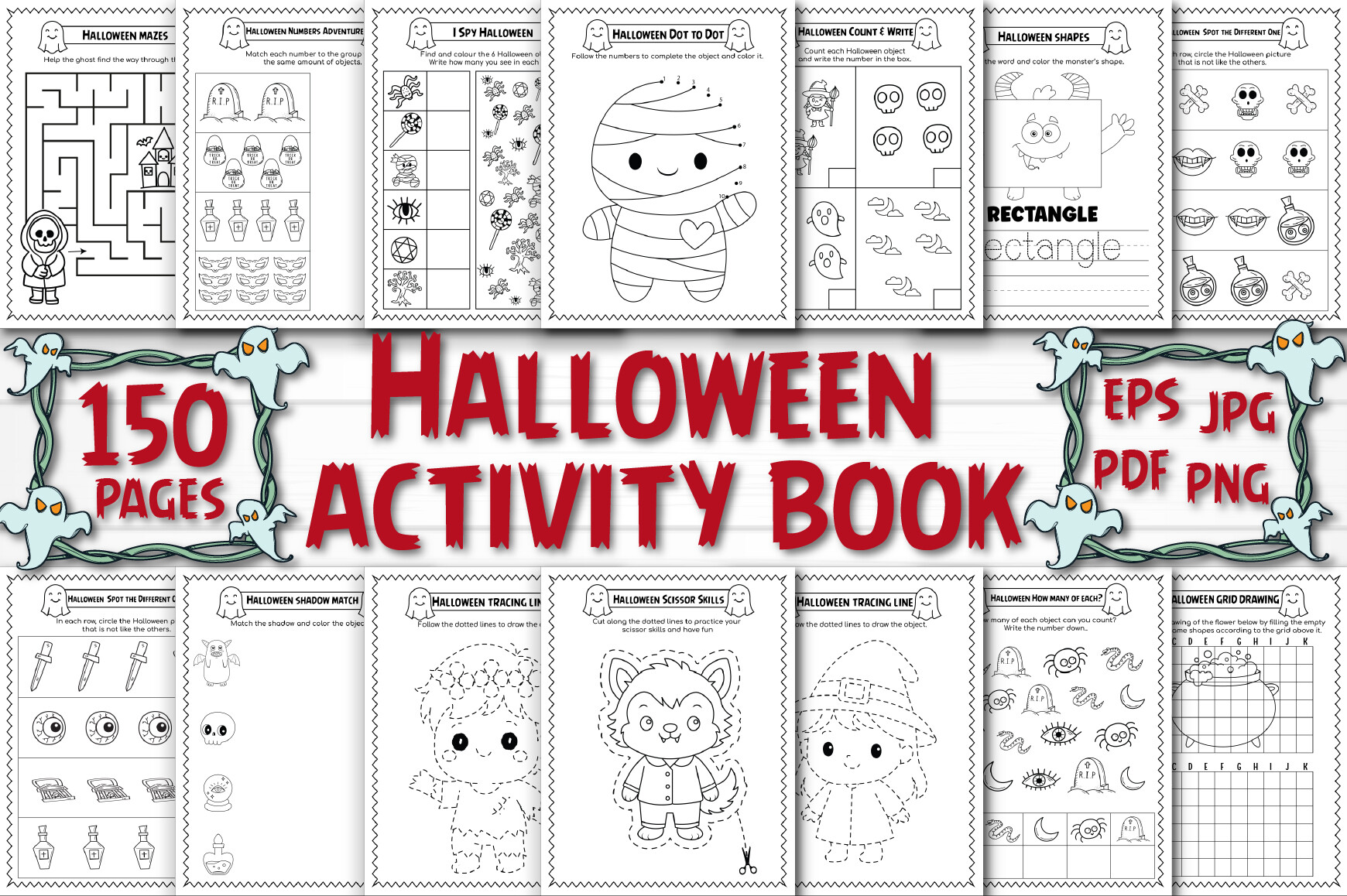 Halloween activity book bundle cover with multiple seasonal coloring designs