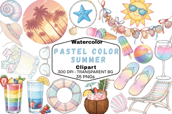 watercolor pastel summer clipart png set with soft tones, light aesthetic seasonal illustrations