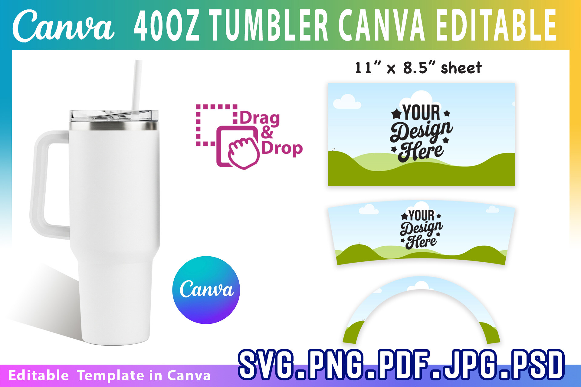 40oz Tumbler Canva Editable Template,