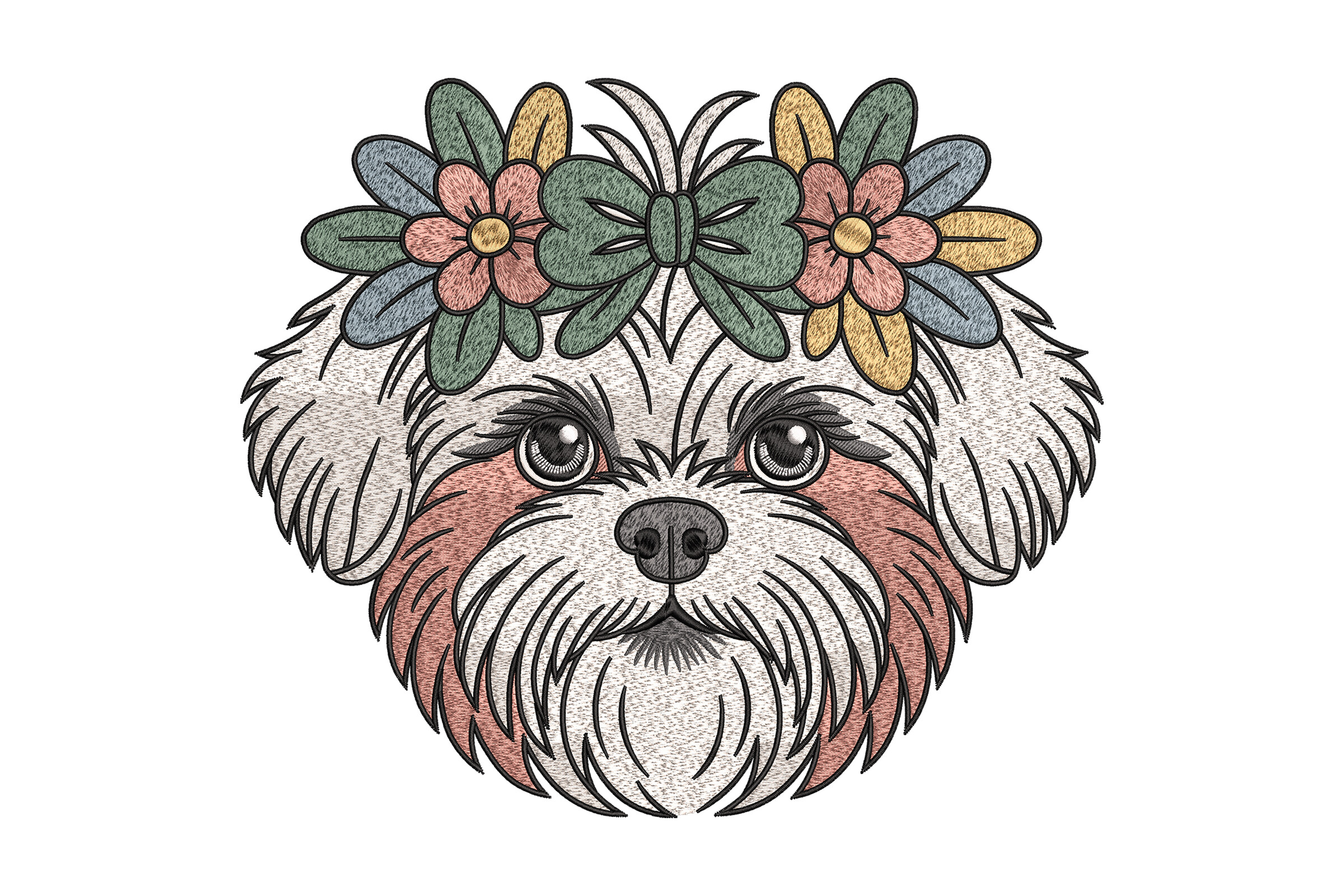 Floral Shih Tzu Head Dog Embroidery