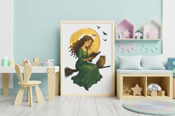 Moonlit Reading Witch Cross Stitch