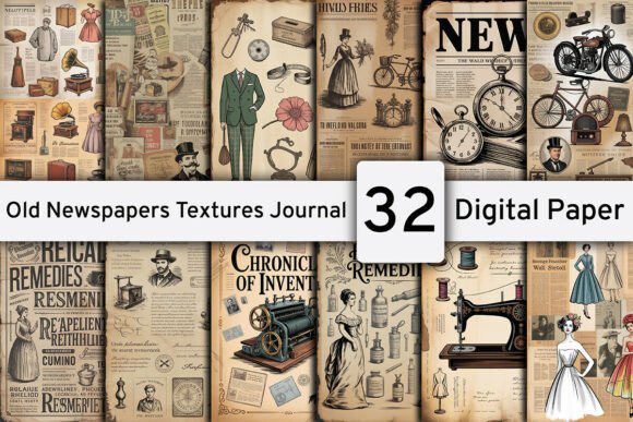 Old Newspapers Textures Junk Journal Kit Graphic Backgrounds By design studio3