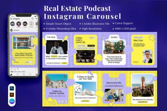 Preview of Real Estate Podcast Instagram Carousel real estate social media template