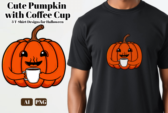 Cute Pumpkin with Coffee Cup PNG-AI Grafik T-shirt Designs Von Josehysf
