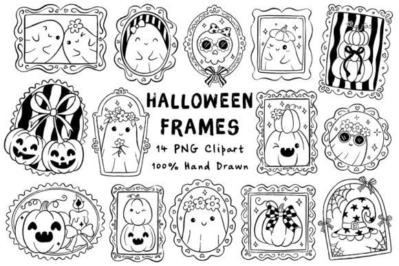 Halloween Frames Doodle Line Art Bundle
