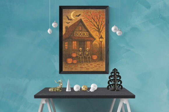 Haunted Bookstore Halloween Cross Stitch